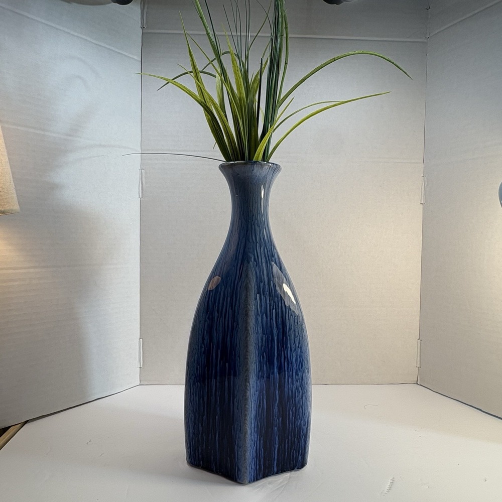 Blue Abstract Pattern Ceramic Bottle Flower Vase 14in Glossy Decorative Greenery